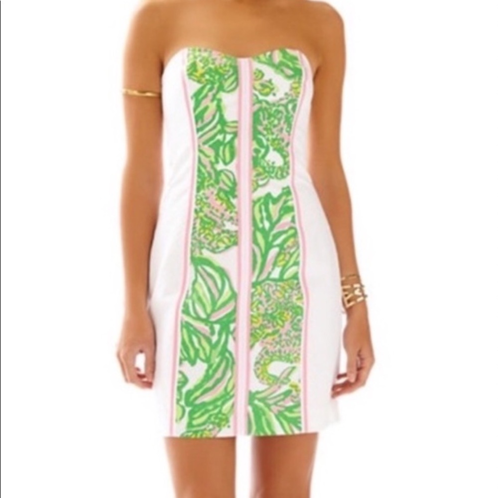 Classic Lilly Pulitzer! Strapless White, Pink & Green dress w/ structured bodice